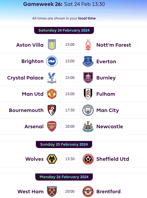 FPL GW26 Fixtures